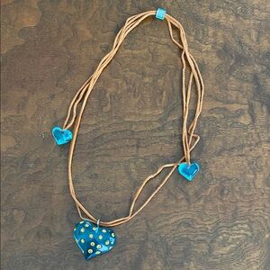 3 Blue Hearts on leather cord adjustable string necklace vintage Valentine